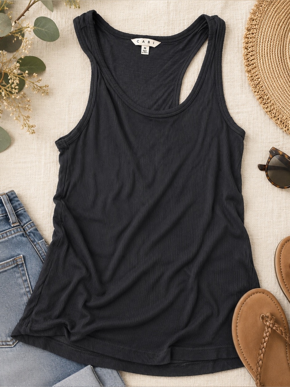 CAbi Ribbed Racerback Tank Top Black Size Medium Sleeveless Stretch Women's FLAW